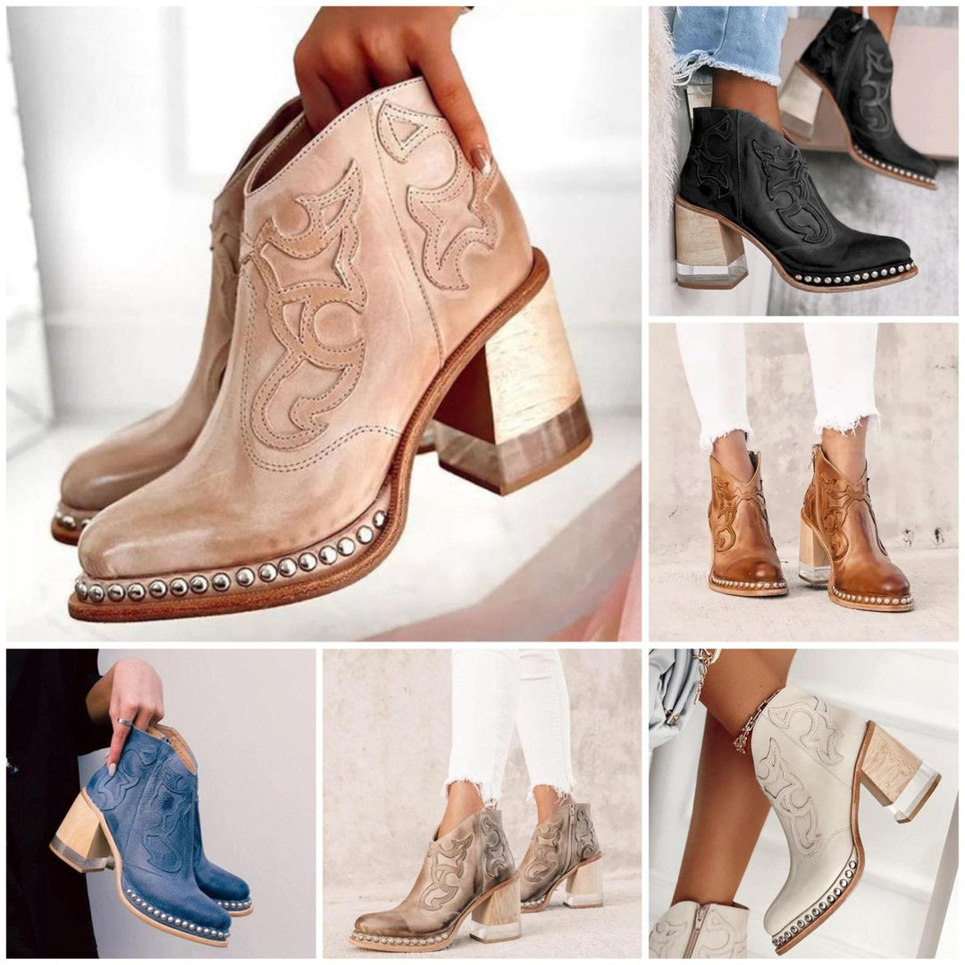 Isla | Chic Cut-Out Cowboy Ankle Boots With Block Heel