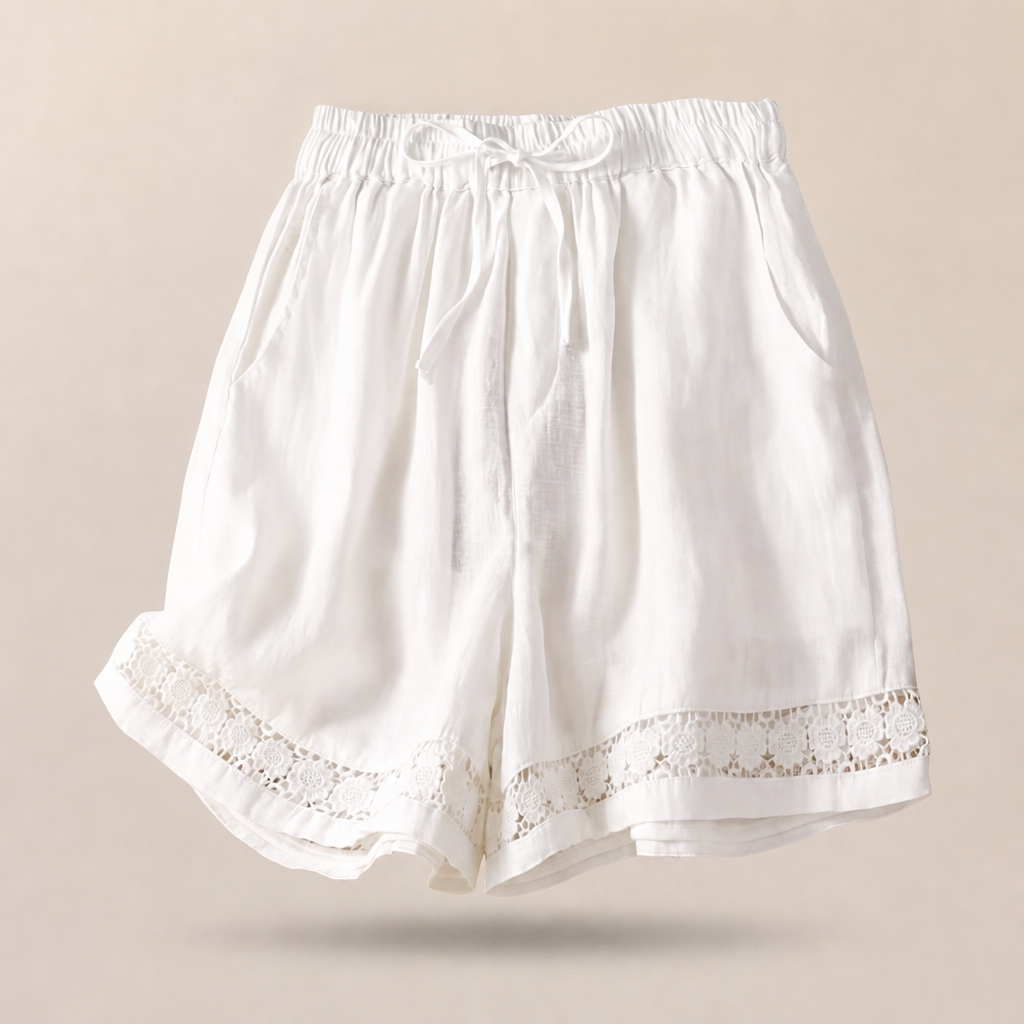 Riva | Relaxed Fit with Embroidered Lace Trim Linen Shorts