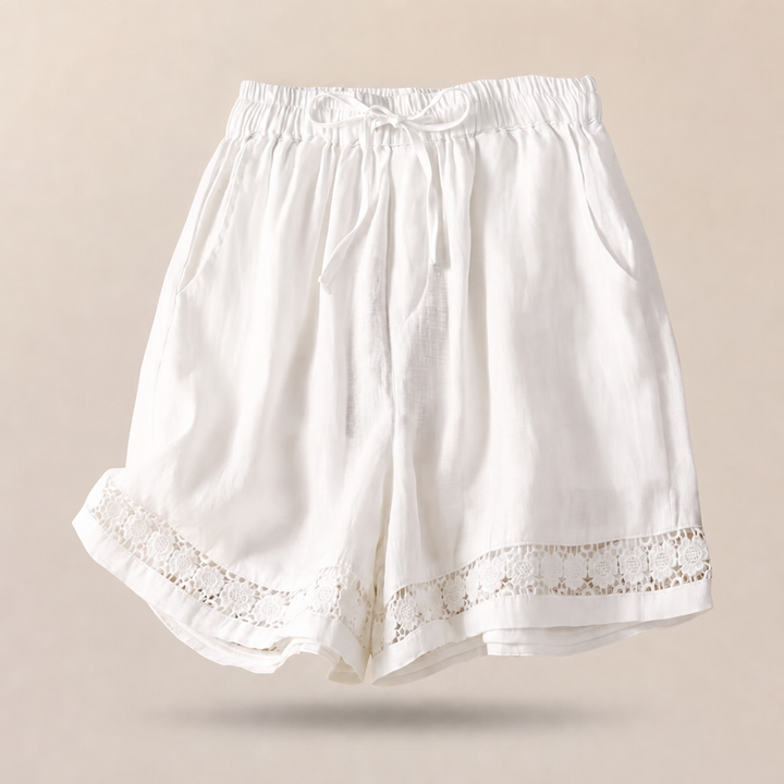 Riva | Relaxed Fit with Embroidered Lace Trim Linen Shorts