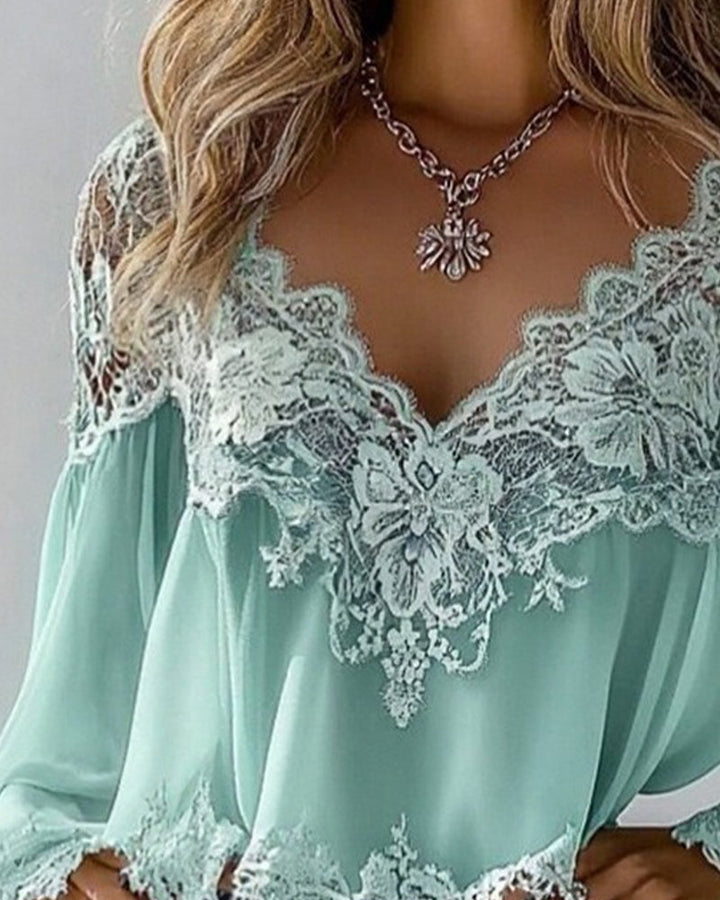 Blouse V-Neck Patchwork Loose Long Sleeve