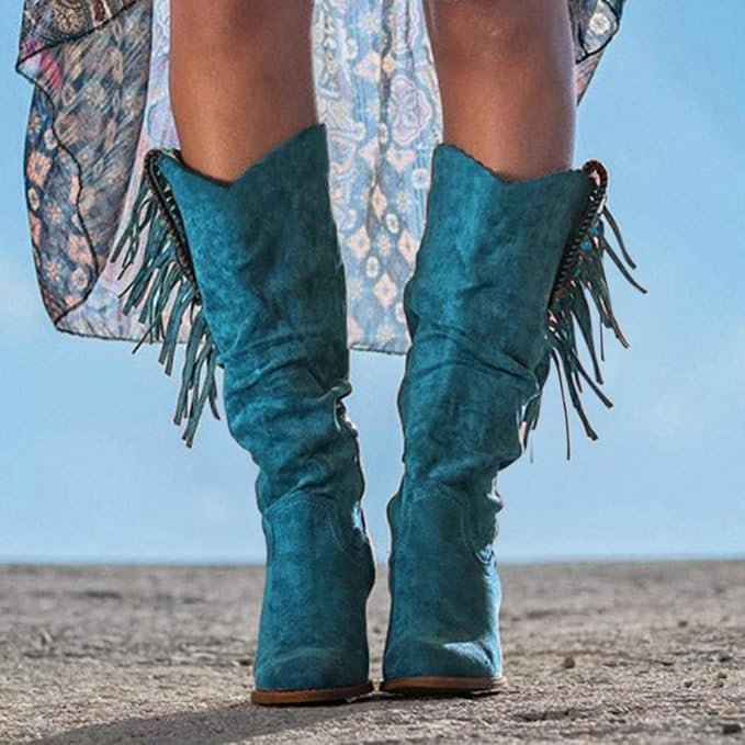 Stella | Fringe Western Cowboy Boots with Turquoise Accents