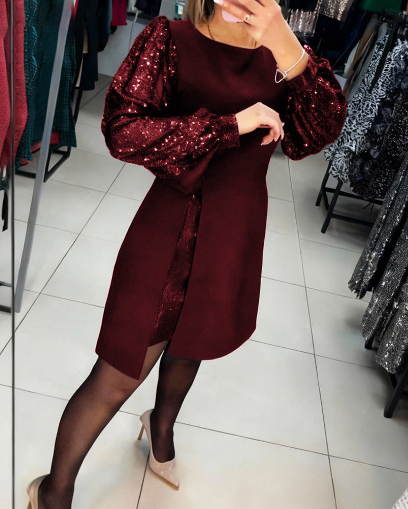 Elegant Dress with Puff Sleeves and Patchwork Details