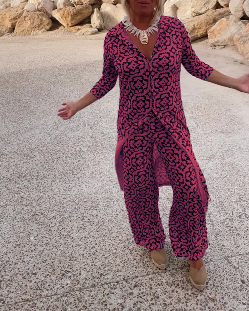 Cassandra | Women's Printed V-Neck Tunic & Wide-Leg Pants Set