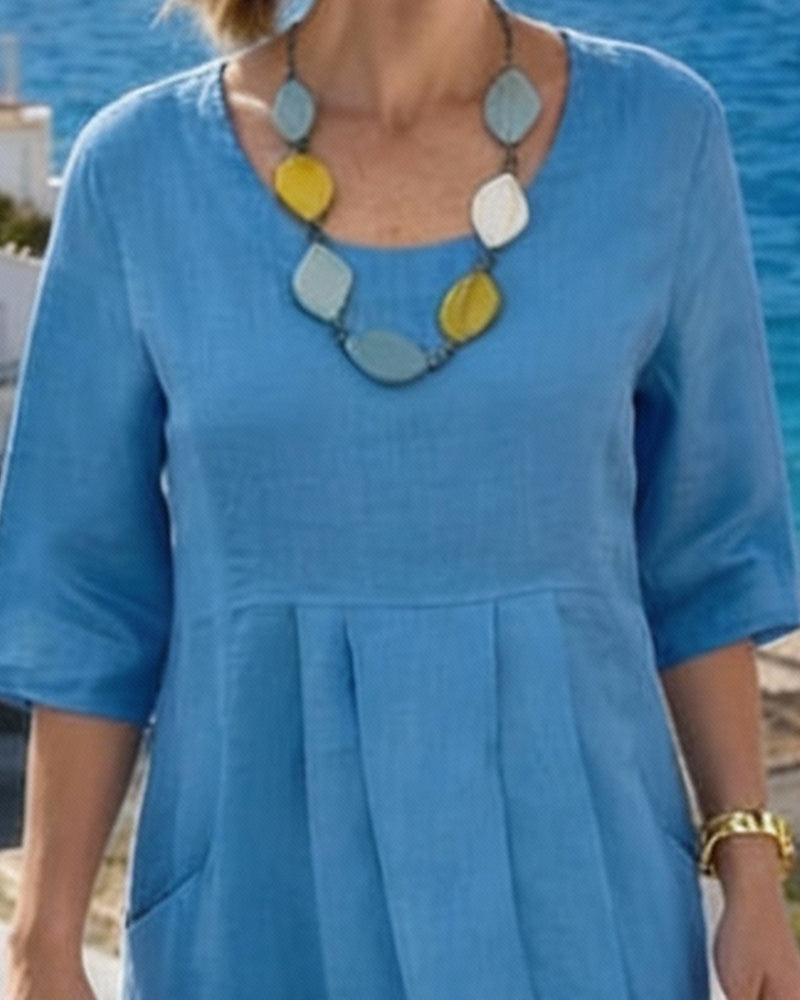 Short Sleeve Pleated Round Neck Dress