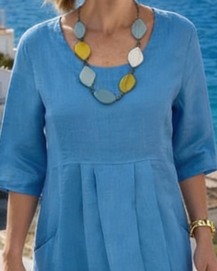Short Sleeve Pleated Round Neck Dress