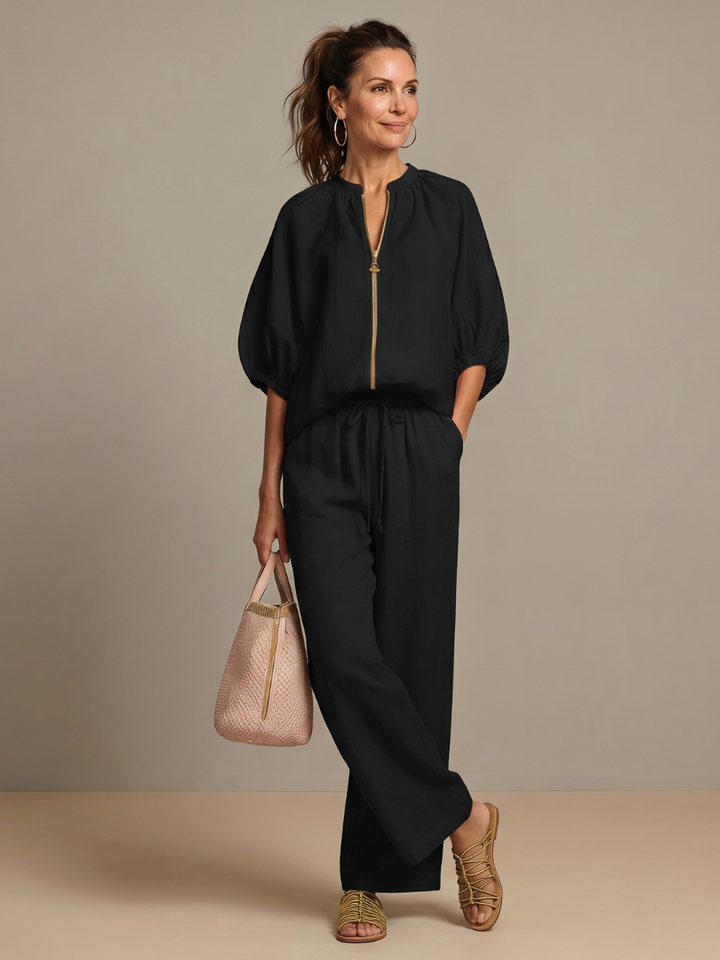 Helena | Zip-Front Blouson Top & Wide-Leg Trousers Two-Piece Set