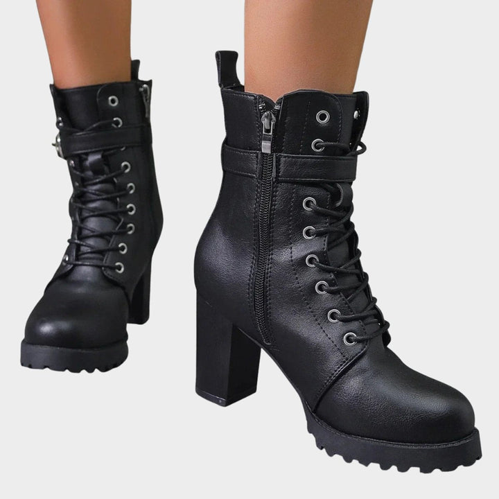 Rowena | Lace-Up Buckle Block Heel Combat Ankle Boots