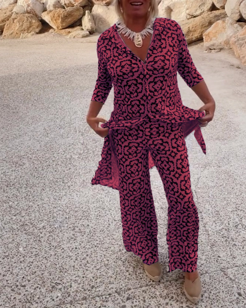 Cassandra | Women's Printed V-Neck Tunic & Wide-Leg Pants Set