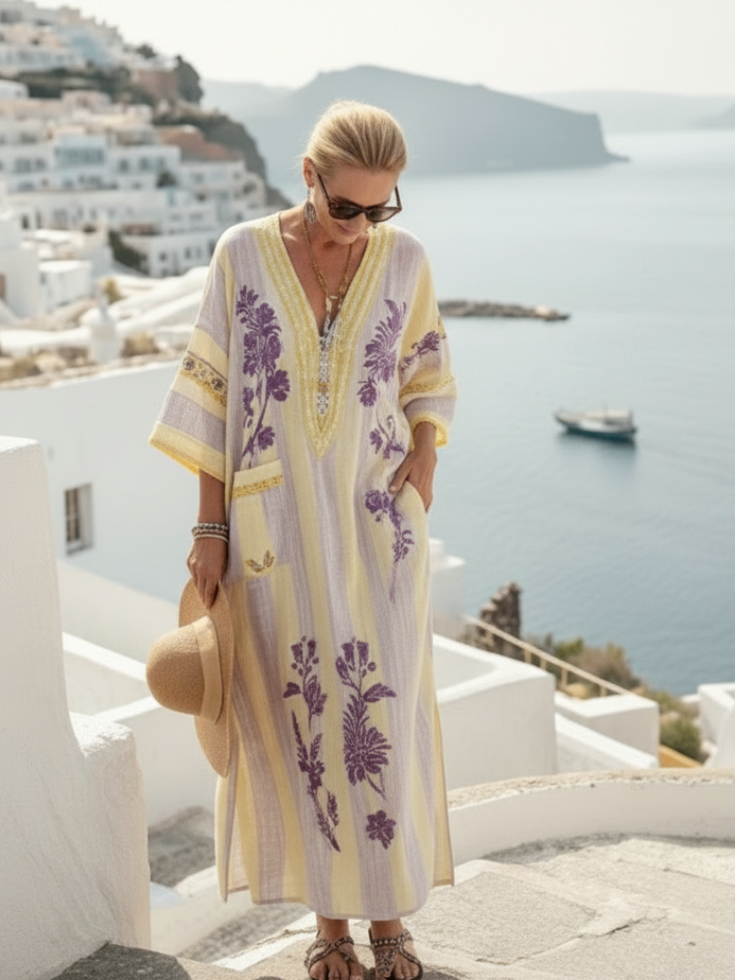 Clara | V Neck Half Sleeve Striped Floral Maxi Dress