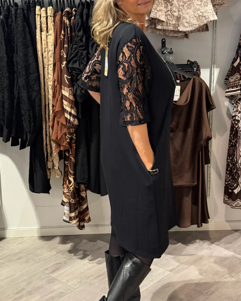 Stylish V-Neck Dress with Lace Sleeves