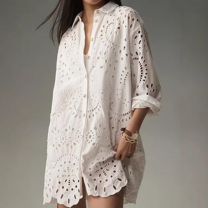 Isadora | Women's Eyelet Detail Button-Front Tunic Shirt