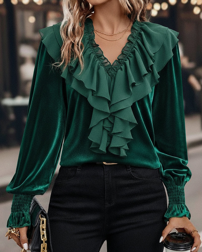 Top Ruffled V-Neck Long Sleeve Velvet