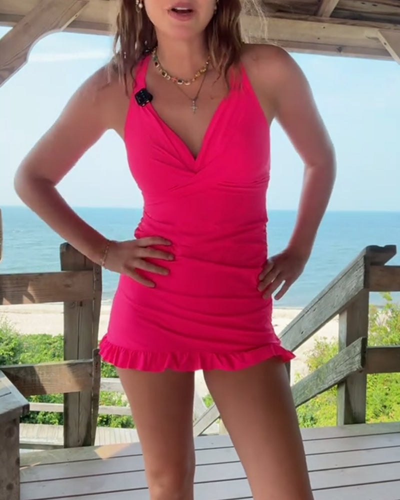 Two-piece Solid Color Tankini Swimsuit with Bow