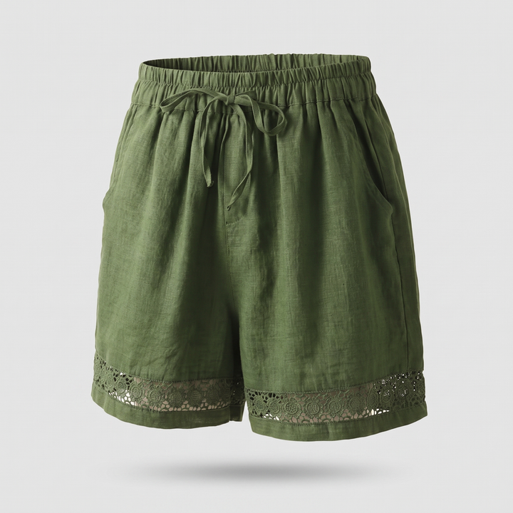 Riva | Relaxed Fit with Embroidered Lace Trim Linen Shorts
