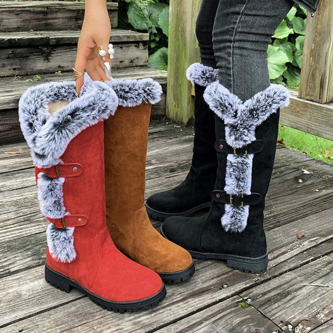 Juliette | Women's Faux Suede Fur-Trim Buckle Knee-High Boots
