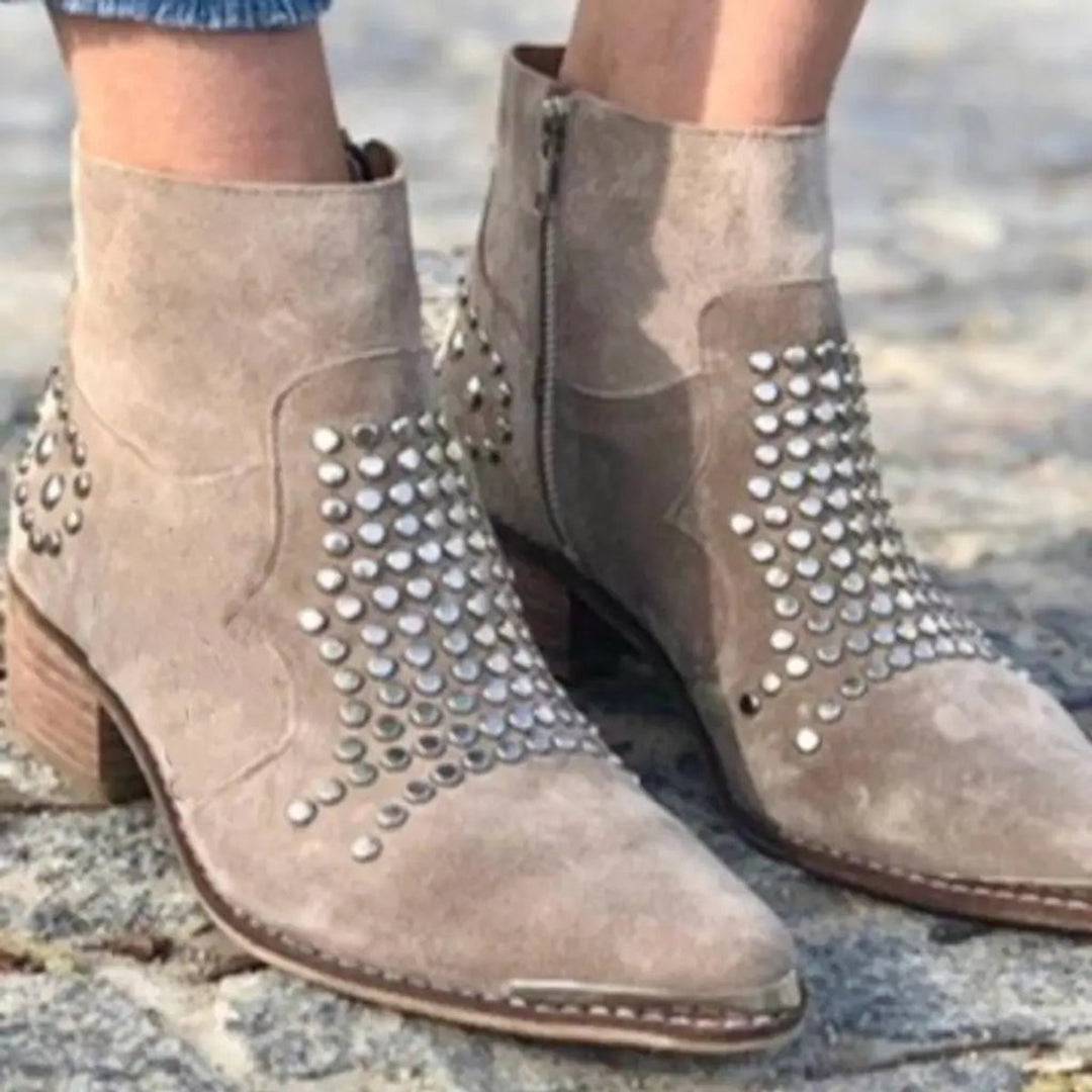 Analia | Studded Suede Pointed Toe Ankle Boots