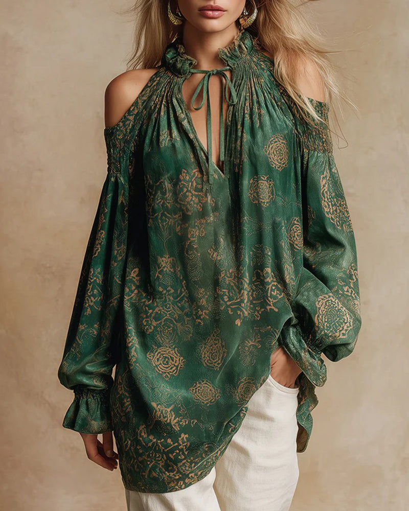 Lantern Sleeve Blouse with V-Neck and Tied Straps