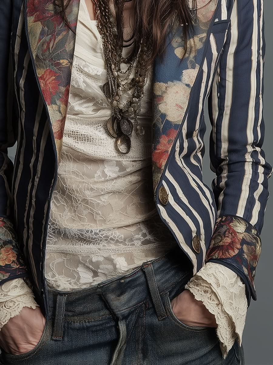 Naomi | Bohemian Floral Design Striped Blazer