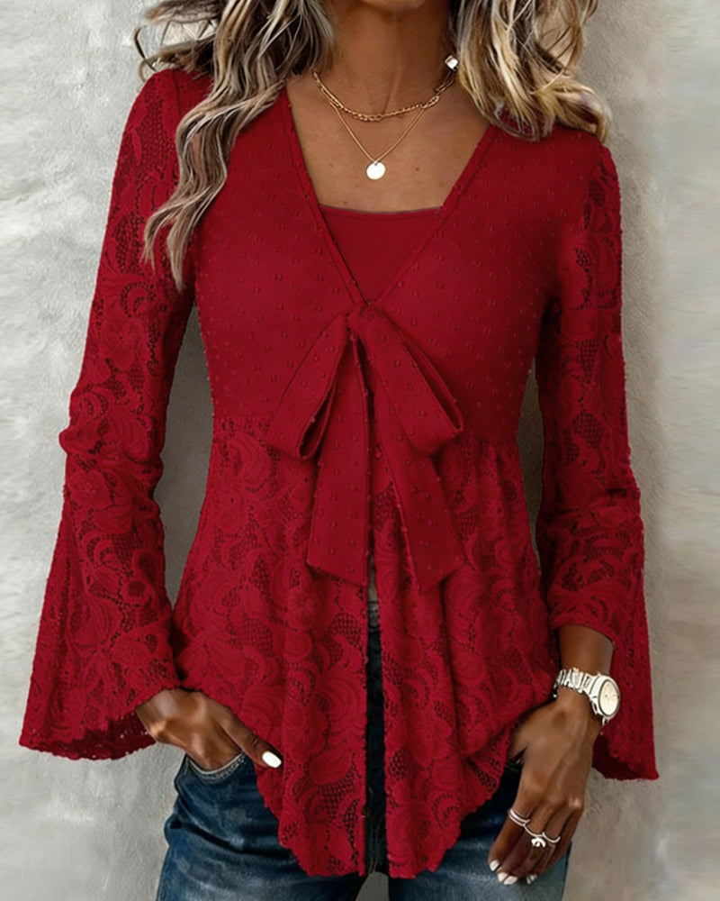 Solid Color Balloon Sleeve Blouse with V-Neck
