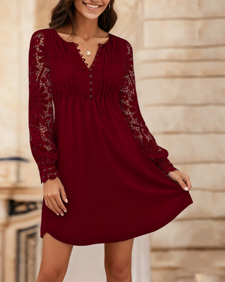Solid Color Dress with Pleated and Patchwork Details