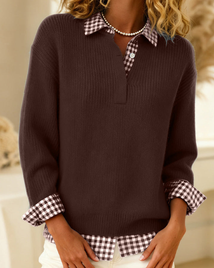 Solid Color Pullover with Checkered Patchwork