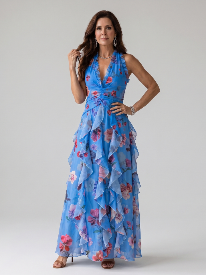 Liora | Halter Neck Ruched Bodice Floral Maxi Dress