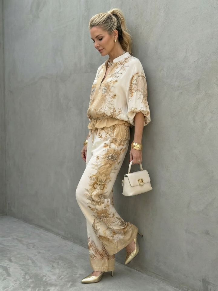 Malia | Zip-Front Blouson Top Printed Two-Piece Set