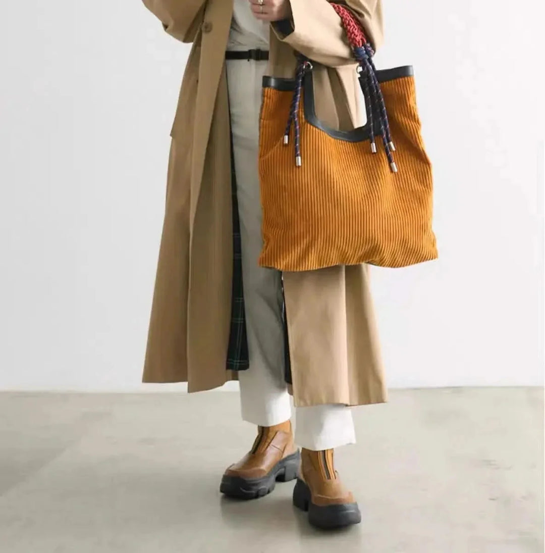 Lainey | Bold Braided Top Handle Corduroy Tote Bag