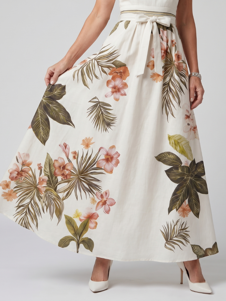 Maria | Draped Halter Botanical Panel Maxi Dress