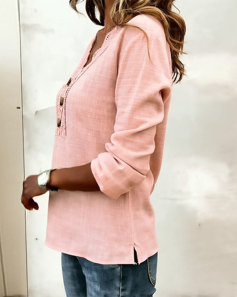 Lace Button Panel Blouse V-Neck