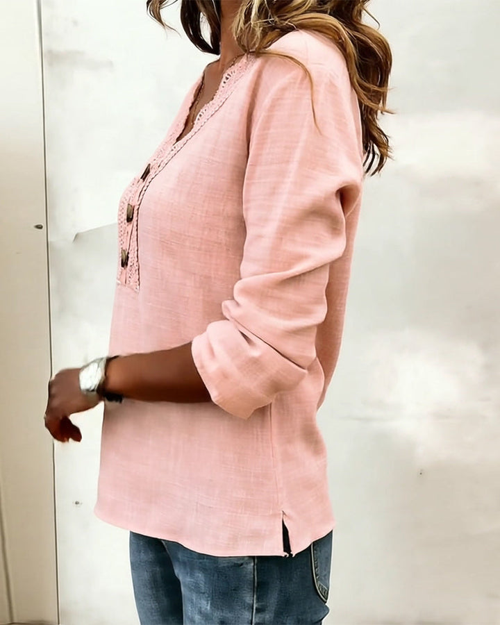 Lace Button Panel Blouse V-Neck