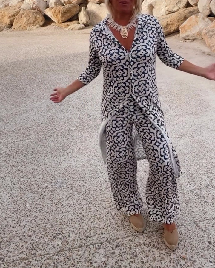Cassandra | Women's Printed V-Neck Tunic & Wide-Leg Pants Set