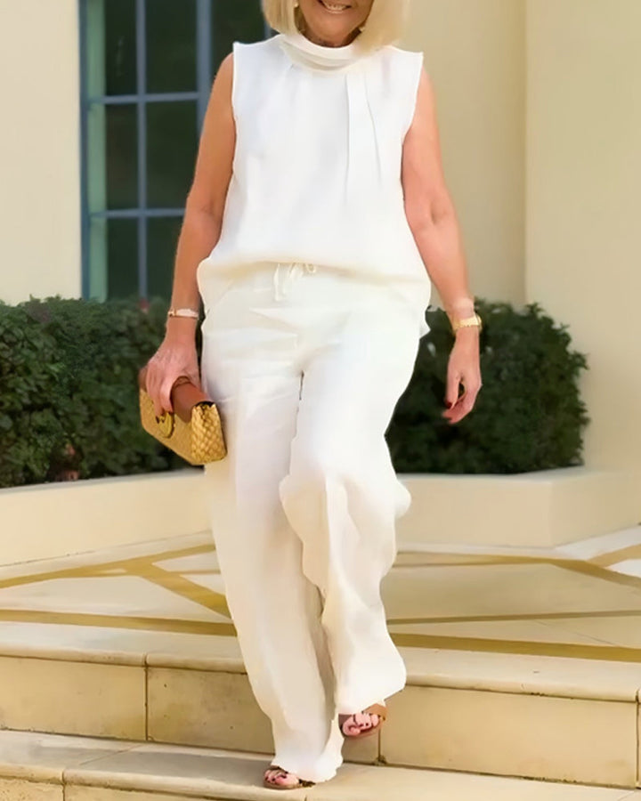 Sleeveless Pleated High-Neck Tank Top
