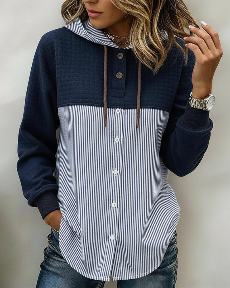 Button Up Hooded Shirt Vertical Stripe Patchwork
