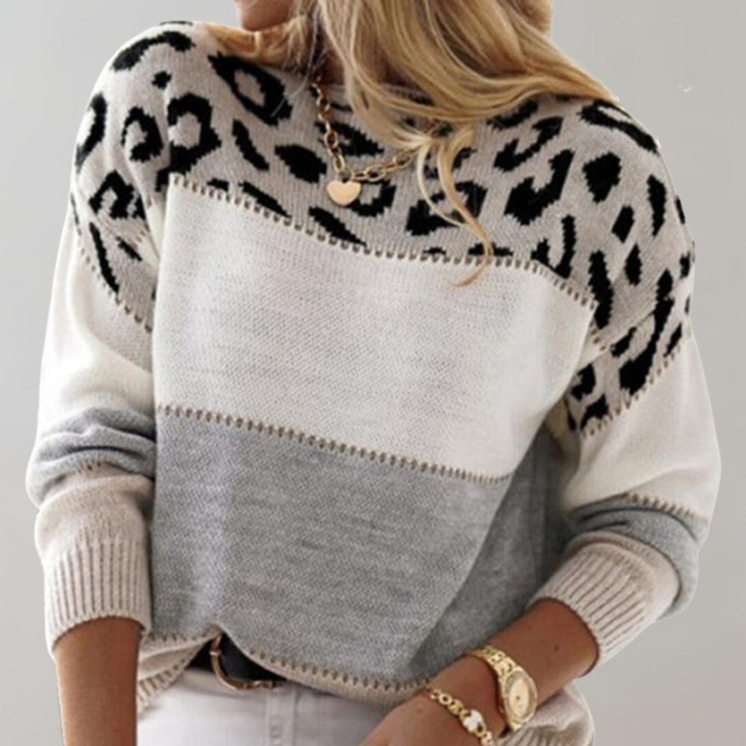 Stevie | Women's Leopard Colorblock Crew Neck Knit Sweater