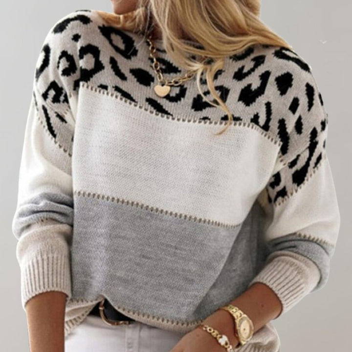 Stevie | Women's Leopard Colorblock Crew Neck Knit Sweater