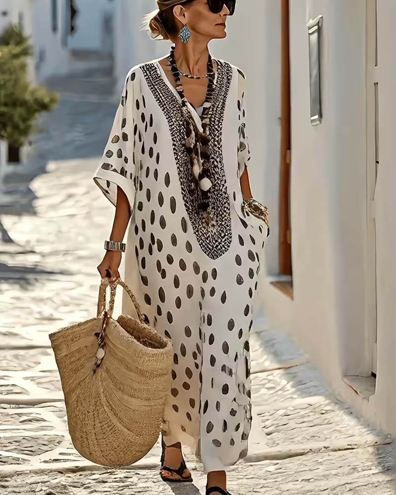 V-Neck Polka Dot Resort Printed Dress