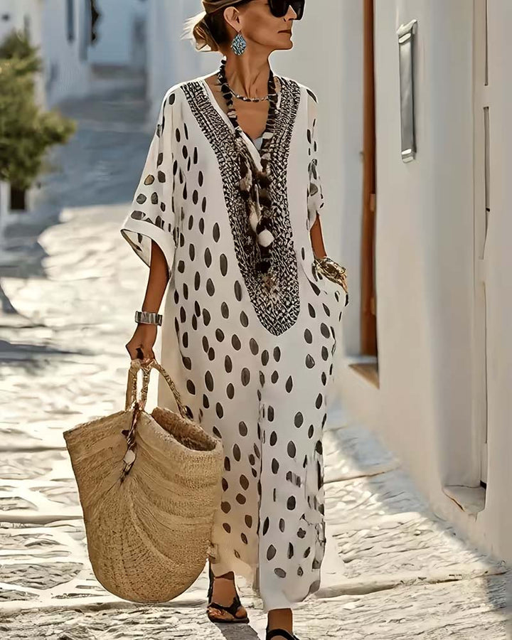 V-Neck Polka Dot Resort Printed Dress