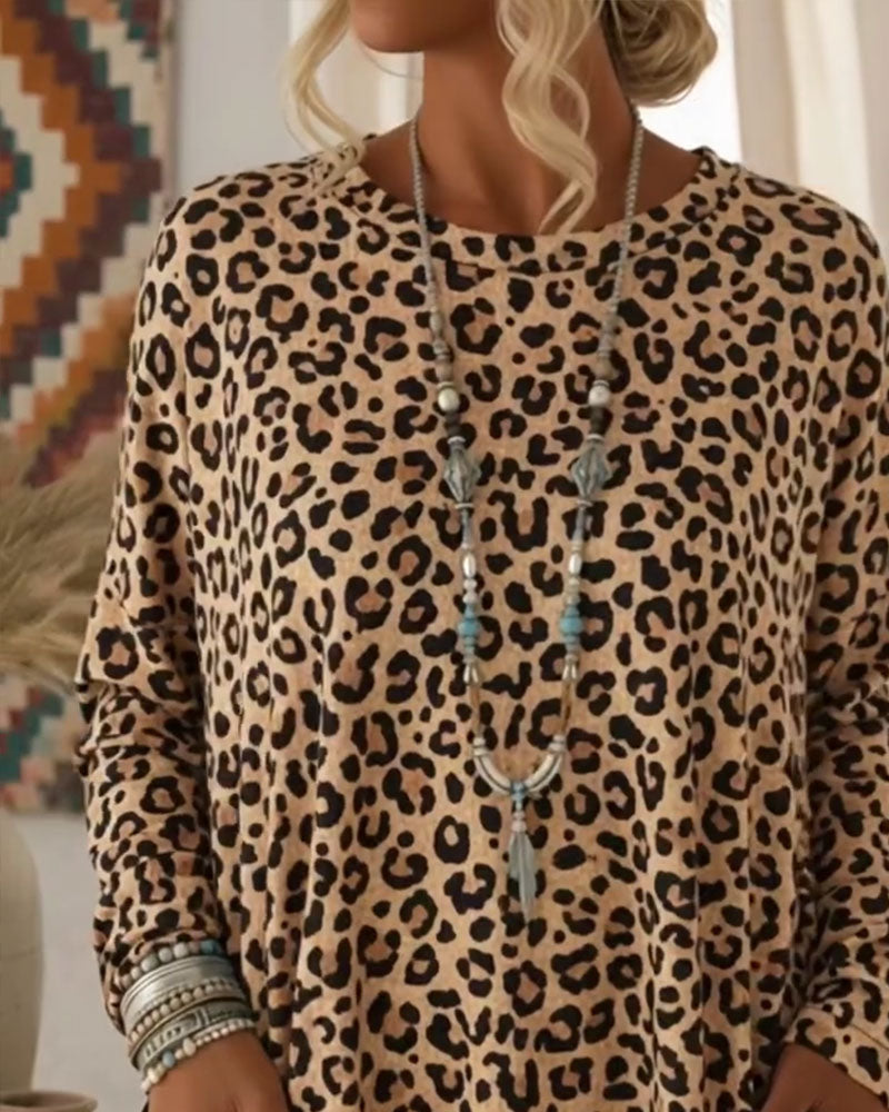 Leopard Print Top with Round Neck