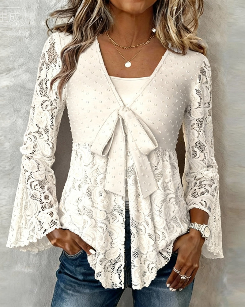 Solid Color Balloon Sleeve Blouse with V-Neck