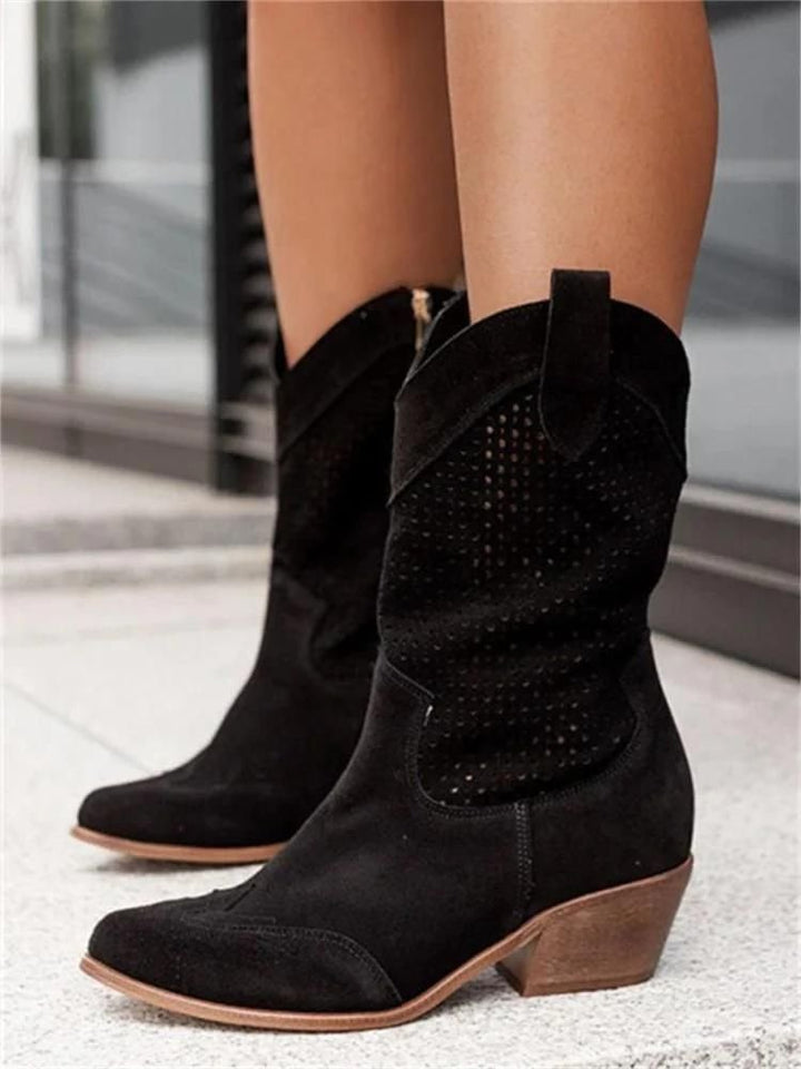 Paulina | Perforated Leather Cowboy Boots with Block Heel