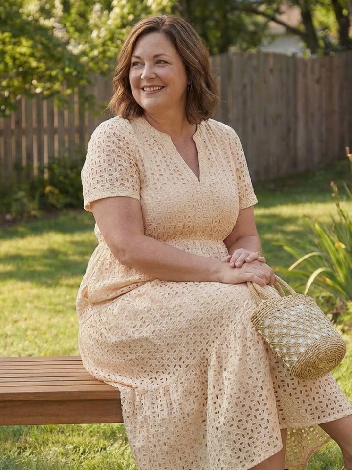 Keyla | Short Sleeve Eyelet Tiered Midi Dress