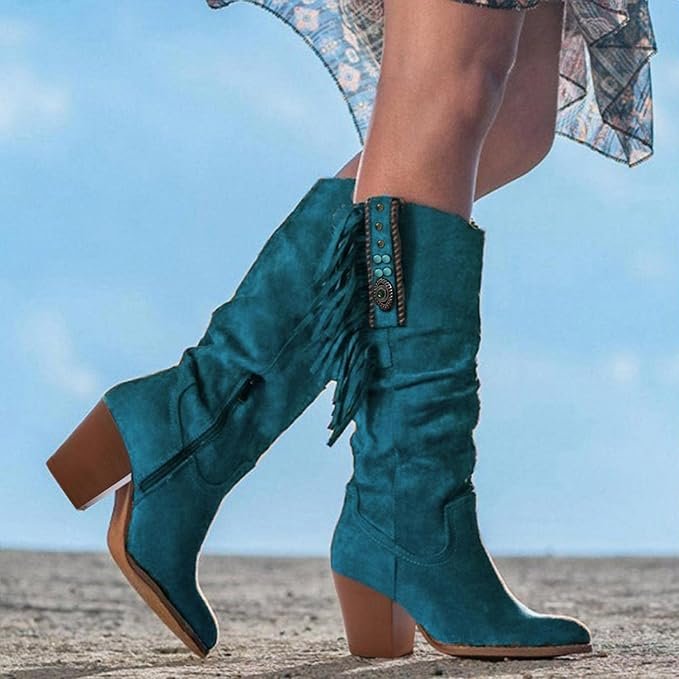 Stella | Fringe Western Cowboy Boots with Turquoise Accents