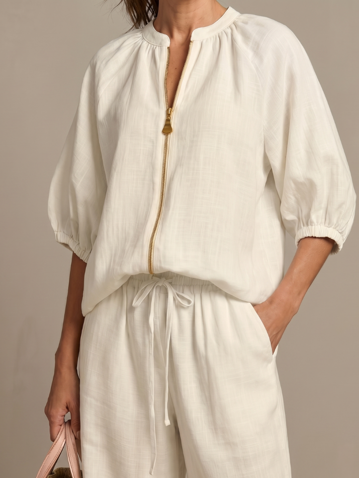 Helena | Zip-Front Blouson Top & Wide-Leg Trousers Two-Piece Set