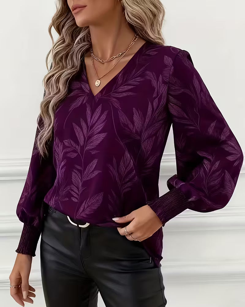 Blouse Leaf Pattern V-Neck Long Sleeve