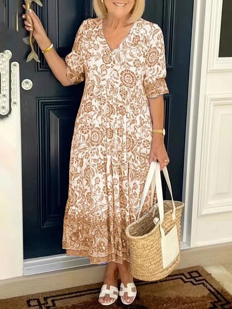 FIORA-LYN – BOHO DEEP V NECK FLORAL DRESS