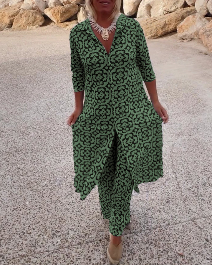 Cassandra | Women's Printed V-Neck Tunic & Wide-Leg Pants Set