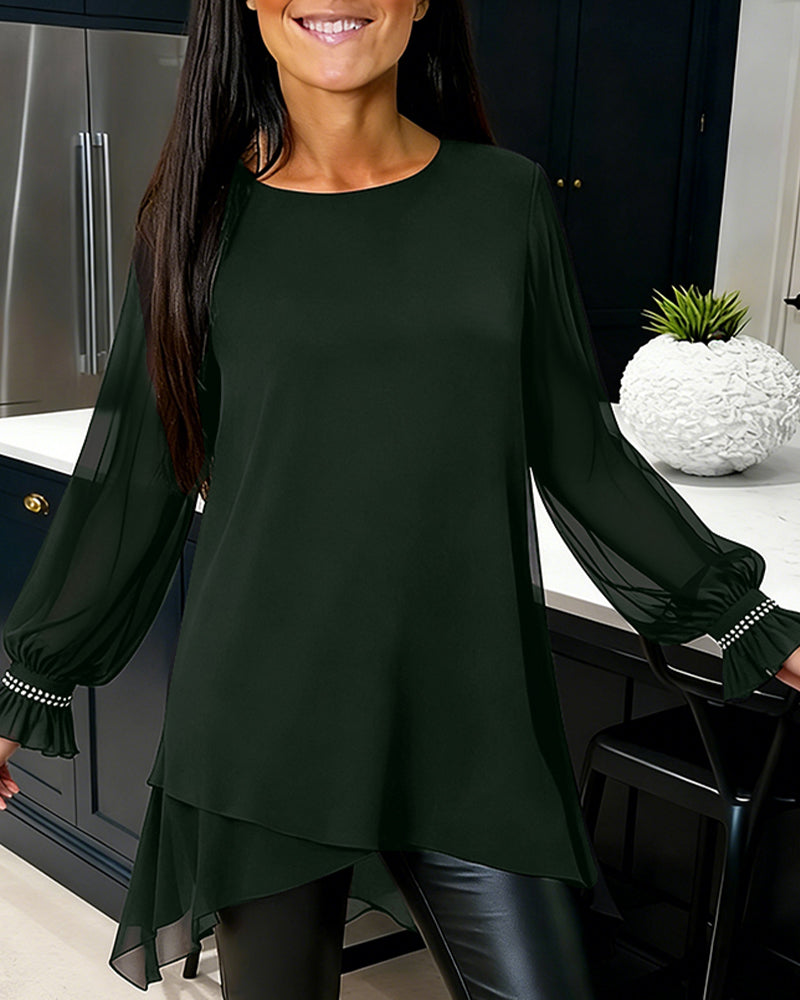 Pearled Jacket with Balloon Sleeves and Round Neck