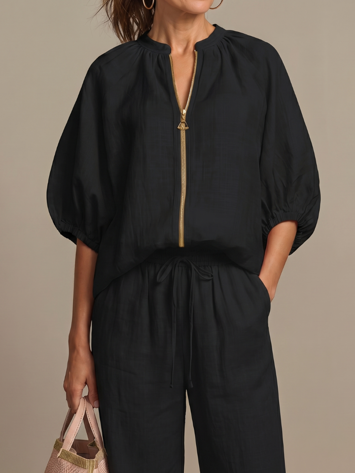 Helena | Zip-Front Blouson Top & Wide-Leg Trousers Two-Piece Set