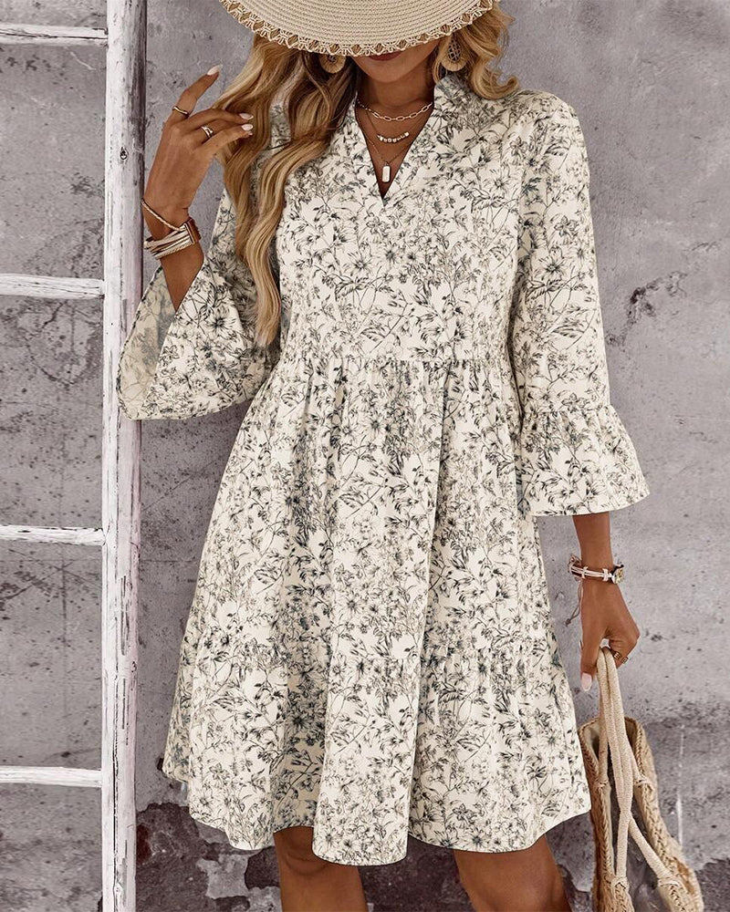 Dress with Stand Collar Floral Print A-Line